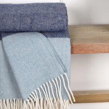Load image into Gallery viewer, Block Design Wool Throw in Duck Egg and Dark Blue with Fringe