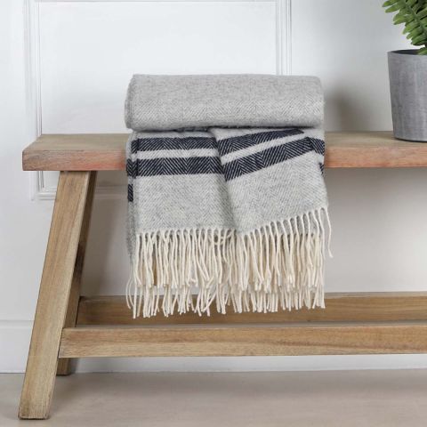 Grey and Blue Stripe Pure Wool Throw