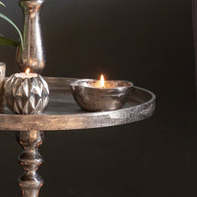 Load image into Gallery viewer, Handmade metal candle holder with a slightly imperfect rim and antique gold finish